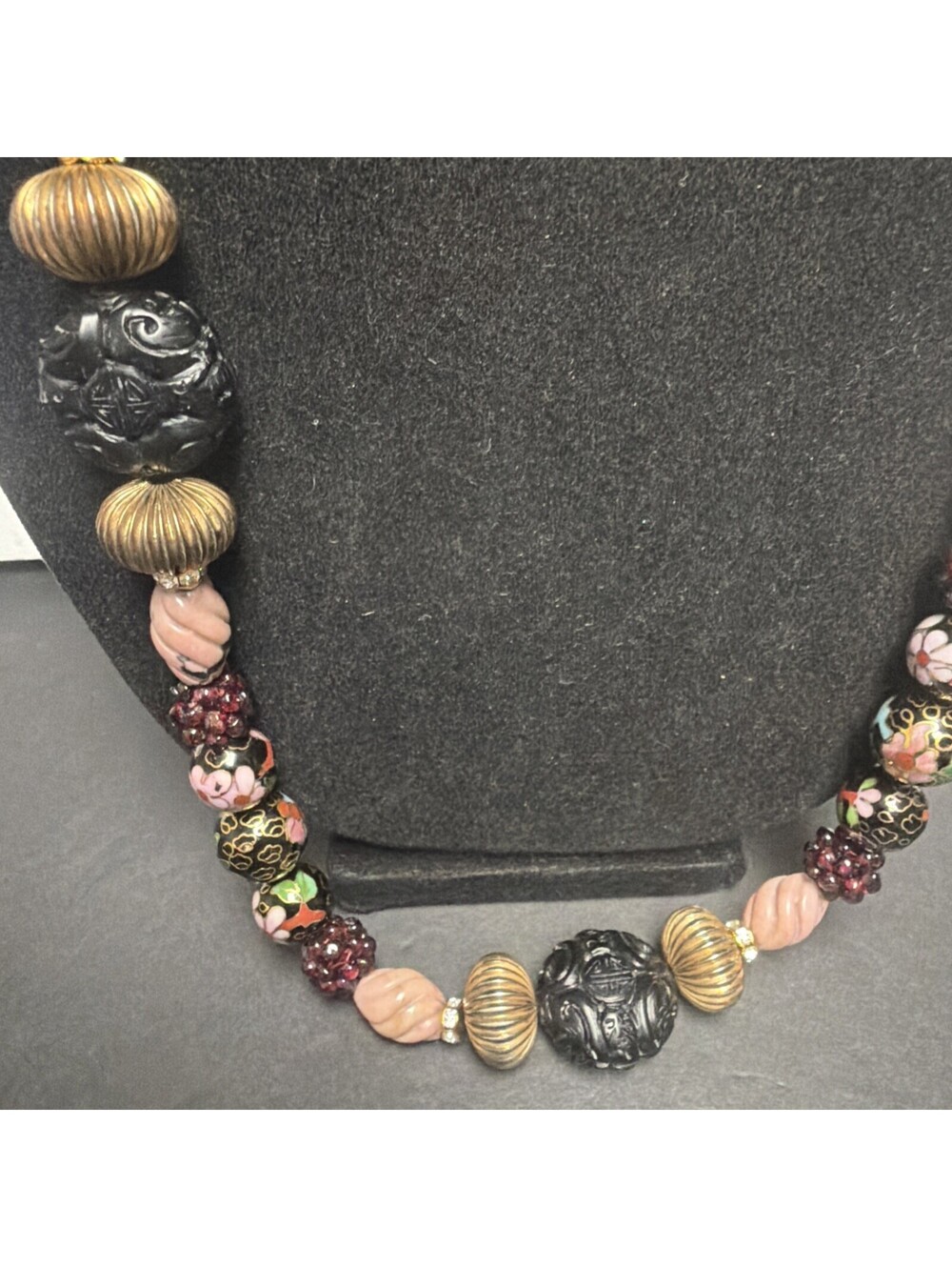 Vintage Art Glass Beaded Necklace Wedding Cake Style Beads Stone Carved Chinese - Picture 5 of 14